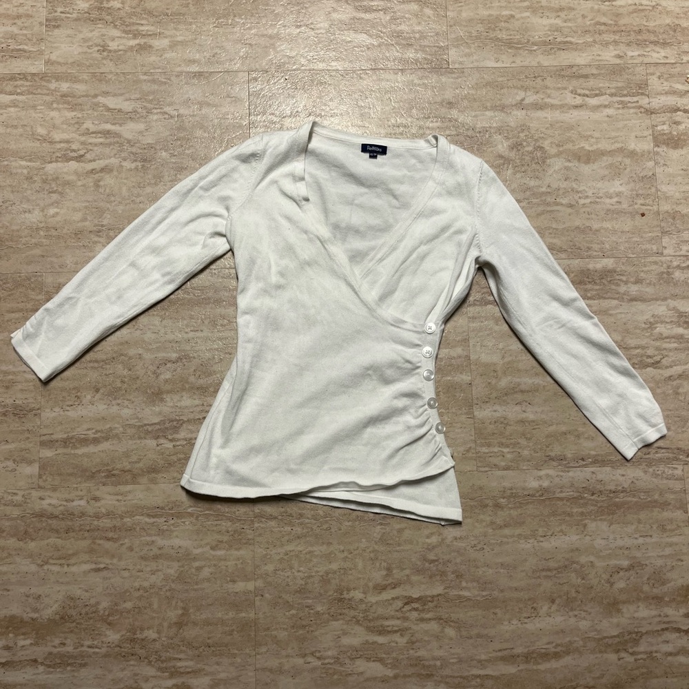 Reitmans white wrap knit sweater with buttons on gathered side. Cotton blend.